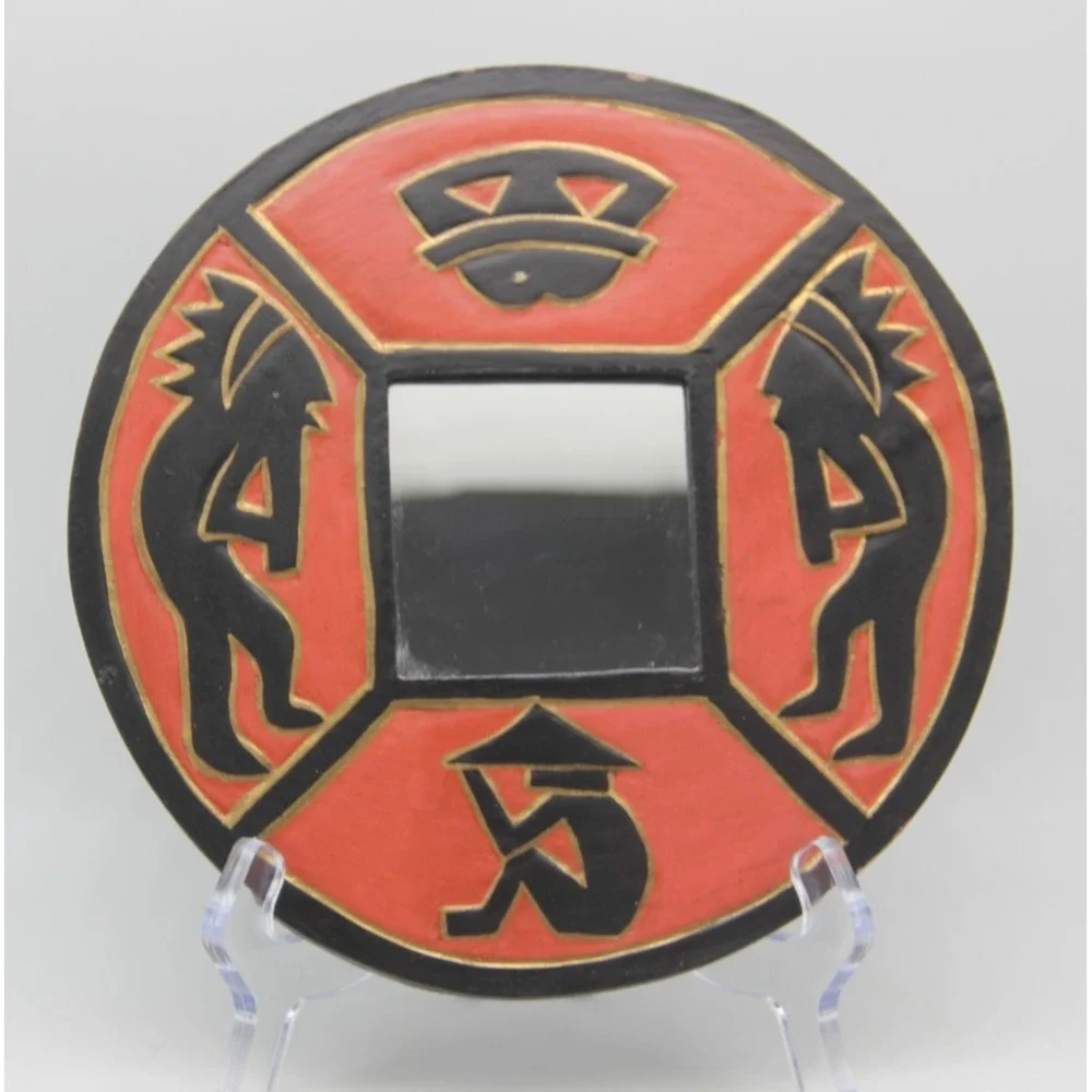 Vintage 90's Red Kokopelli Wall Mirror Boho Decor Hand Painted Indonesia 7.5